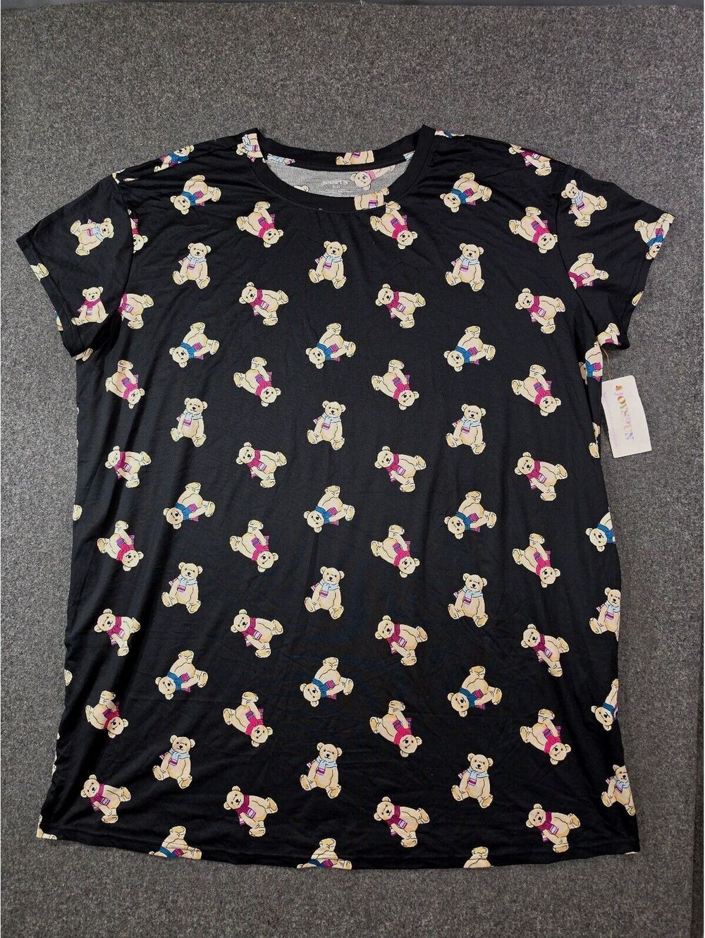 Joyspun Women's 2X-3X Black T-Shirt Dress with Teddy Bear Print, 95% Recycled Pо